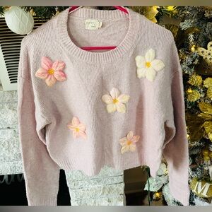 Elegant Floral Knit Sweater in Soft Pink